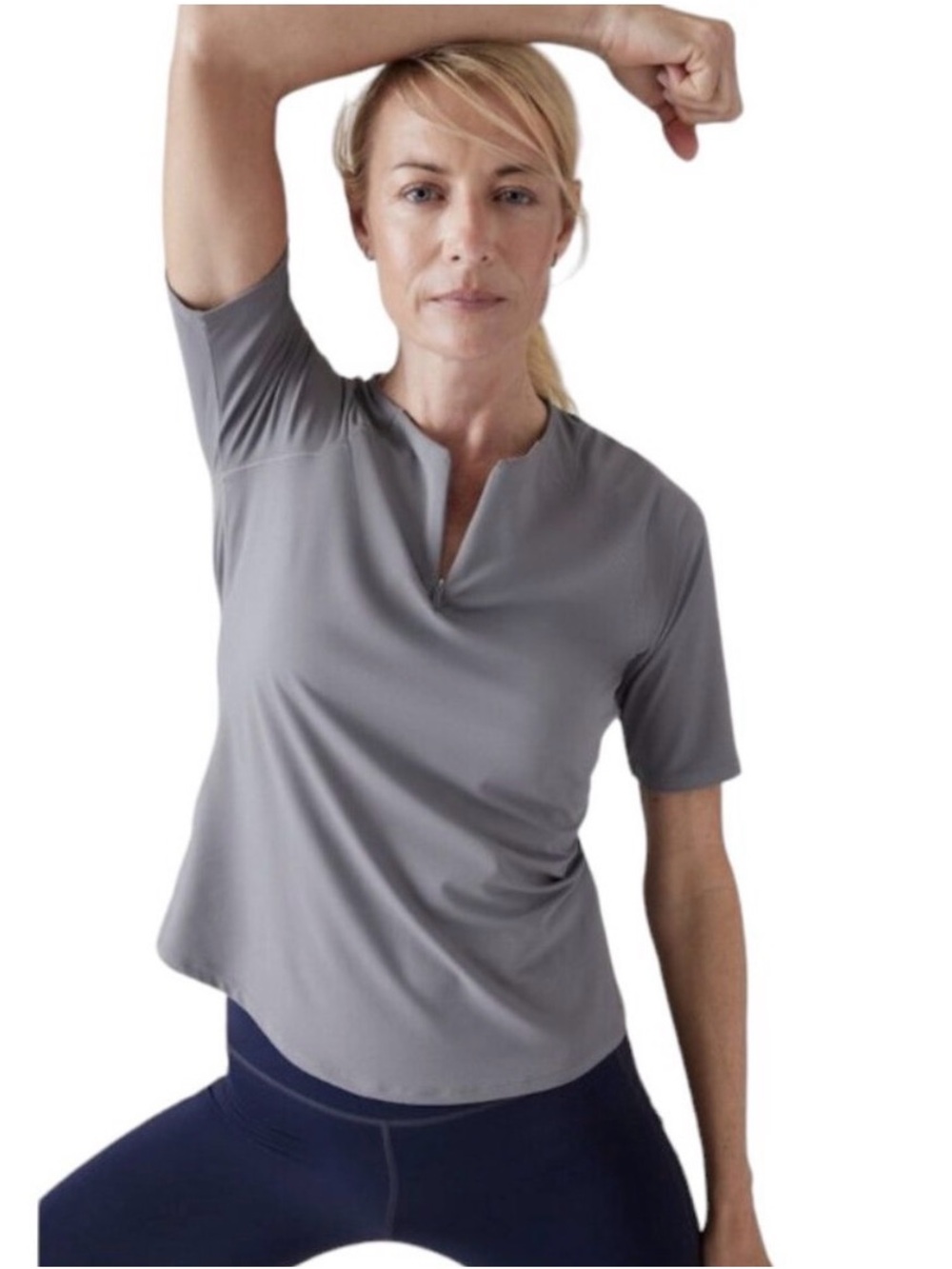 Athleta Gray Short Sleeve Notch-Neck Performance Tee